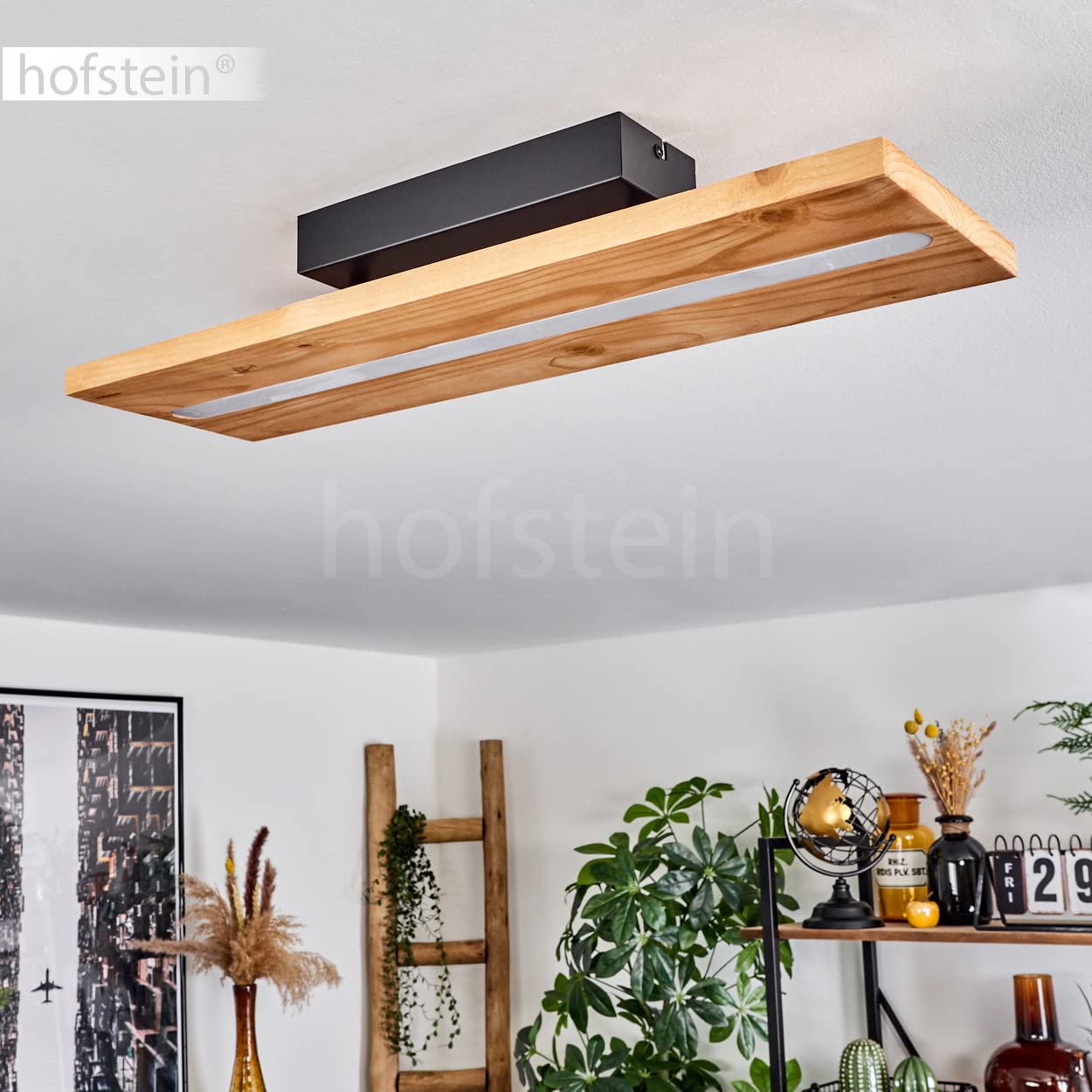 hofstein Lámpara de techo LED Adak, lámpara de techo regulable de metal/madera/plástico en negro/naturaleza/blanco, Lámpara con pantalla de madera, LED 15,5 vatios, 1750 lumen, 3000 K