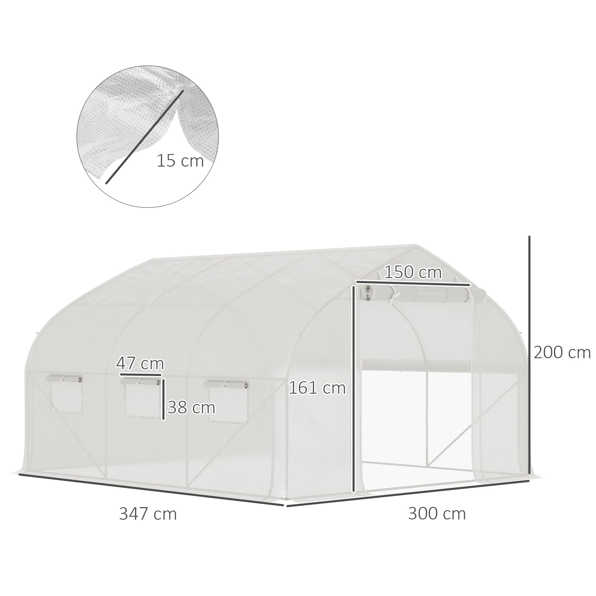 Outsunny 11,5' x 10' x 6,5' Serra Tunnel 7 finestre a Rete Bianco | Serra, porta a rete con cerniera, pareti laterali arrotolabili, serra da giardino migliorata, archi in acciaio zincato