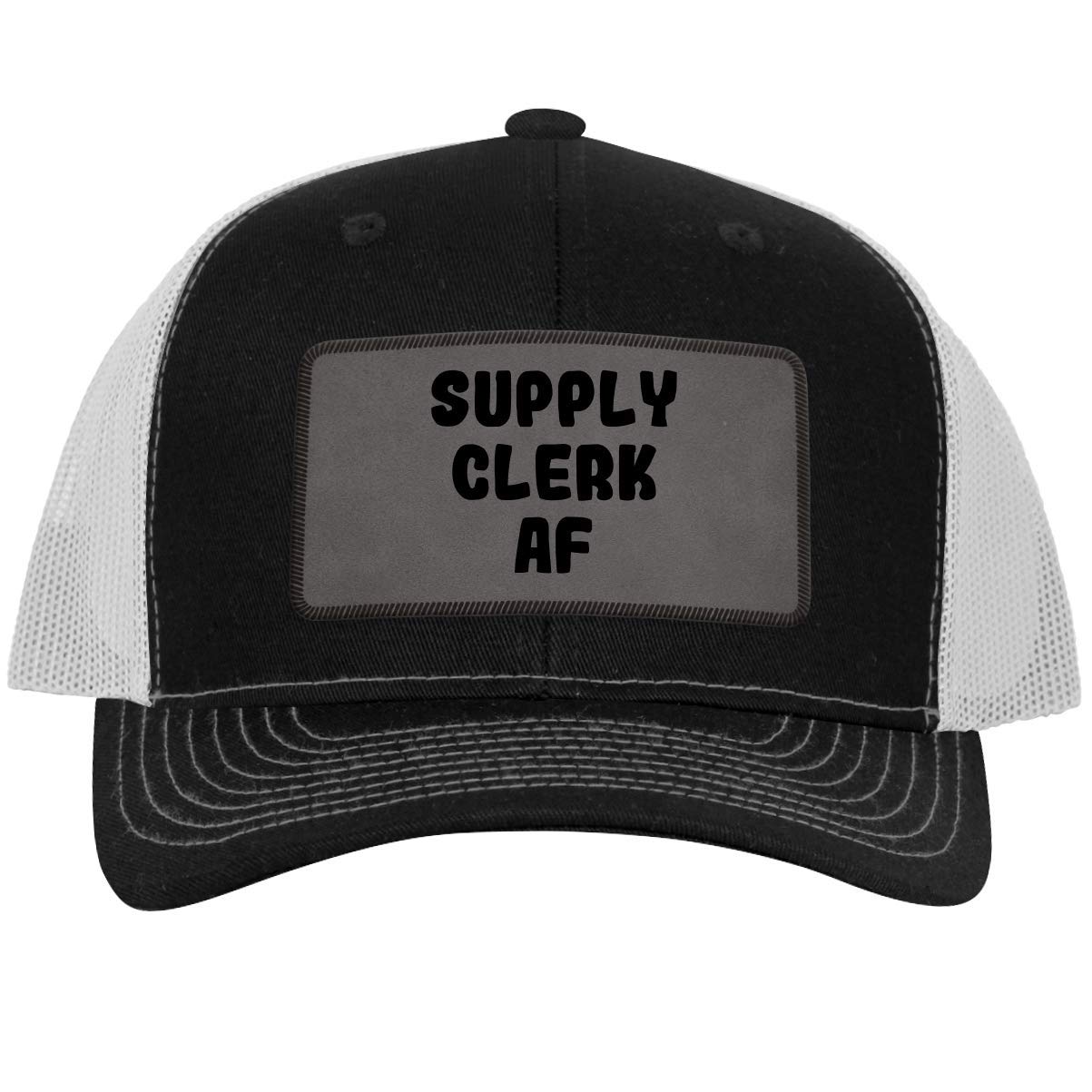 One Legging it Around Supply Clerk AF - Leather Grey Patch Engraved Trucker Hat