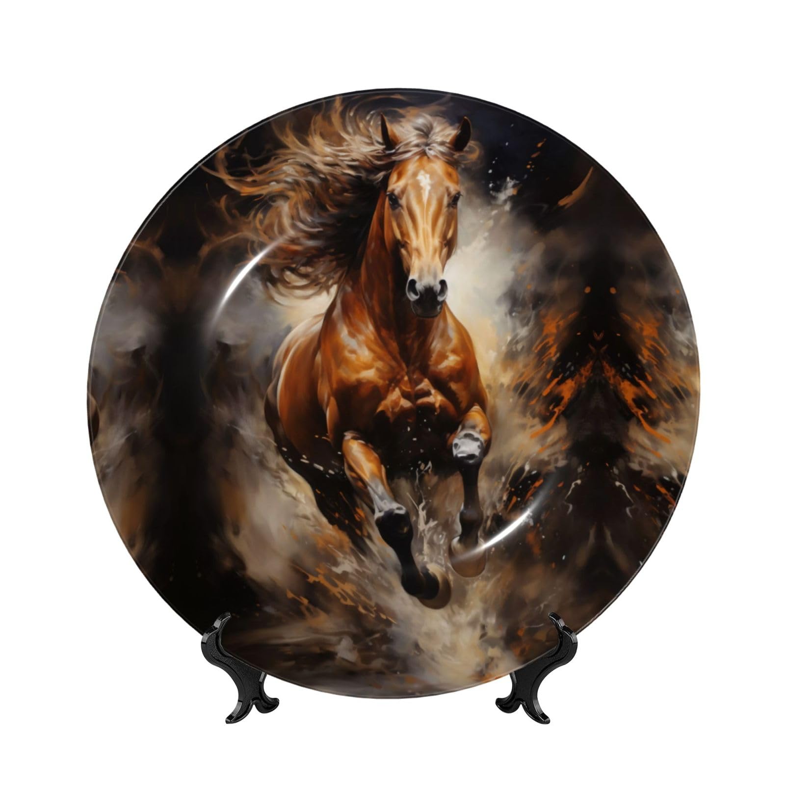 SXZVVBN Running Horses in the River Bone China Decorative Plate Art with Stand Removable Adhesive Hanging for Home Office 7in