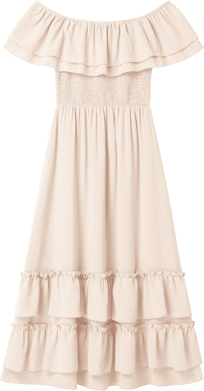 AWIBMK Mother Daughter Matching Boho Mommy and Me Dress Summer Casual Off Shoulder Smocked Tiered A-Line Maxi Dress