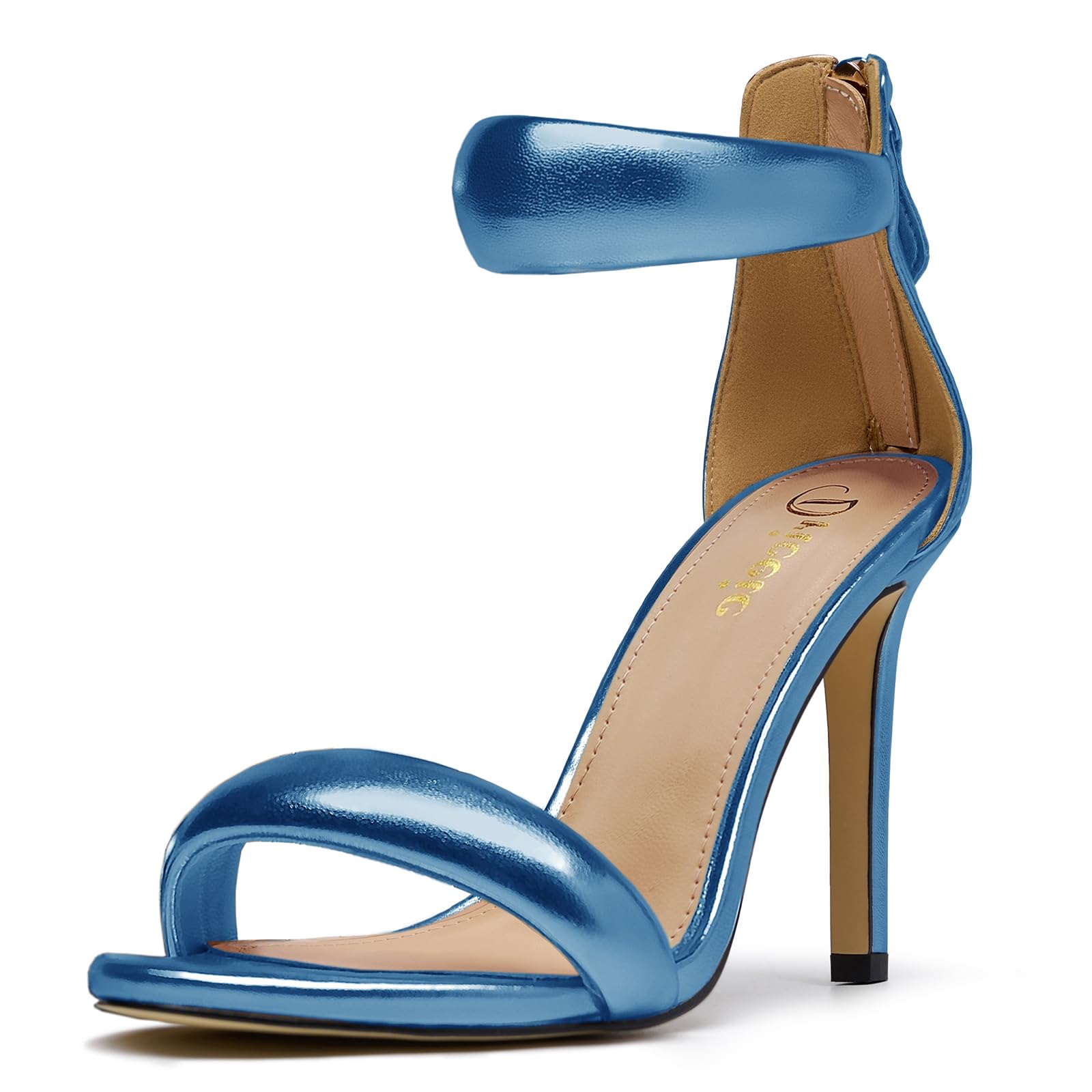 driceic Women's Pump Open Toe Heel Sandals Back Zipper Round Ankle Strappy Stiletto Heels Sparkle Glitter Metallic Party Sexy Wedding Dressy Shoes