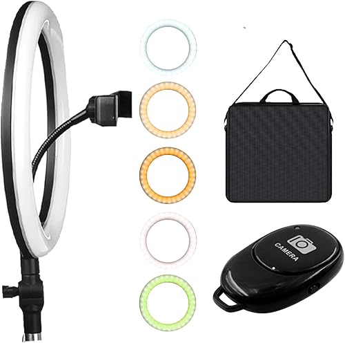 Anillo de luz fotográfica de 10 pulgadas con bolsa de transporte, incluye clip de soporte flexible para la mayoría de trípodes y control remoto para