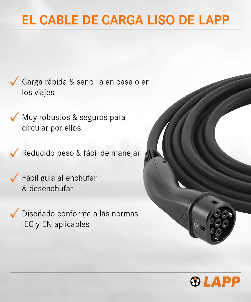 Lapp Mobility EV Cable de Carga Tipo 2, 22 kW/Liso / 32 A/Trifásico/Cable de Carga para Coches eléctricos/Modo 3 / 7m