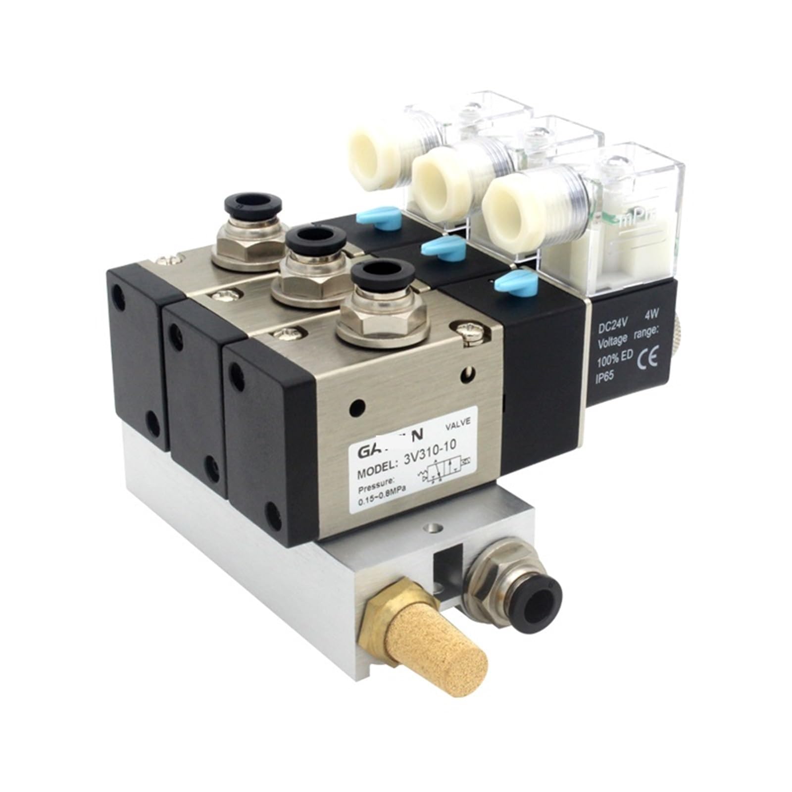 TREDSWQCV 3V310-10-NO Normally Open Solenoid Valve Stations Block With Muffler Fitting Base Manifold DC12v DC24v AC110v AC220v 3 Port 1Pcs(AC110V 6mm fittings)