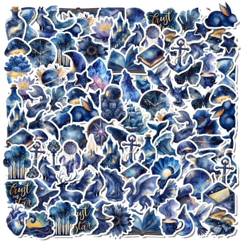Image of Blue Aesthetic Celestial Pack of 50 Waterproof Vinyl Stickers | Galaxy, Moon, Stars, Fantasy, Watercolor & Dreamy Theme Decals for Laptop, Water Bottle, Phone, Journal, Scrapbook & Luggage