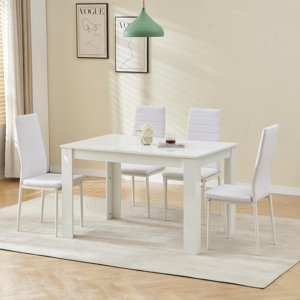 Menaka Modern Wooden Dining Room Table and Chairs Set of 4 for Small Space, 5 Pieces Rectangular Kitchen Table with 4 Chairs (120cm white high glossing table with 4 white leather chairs)