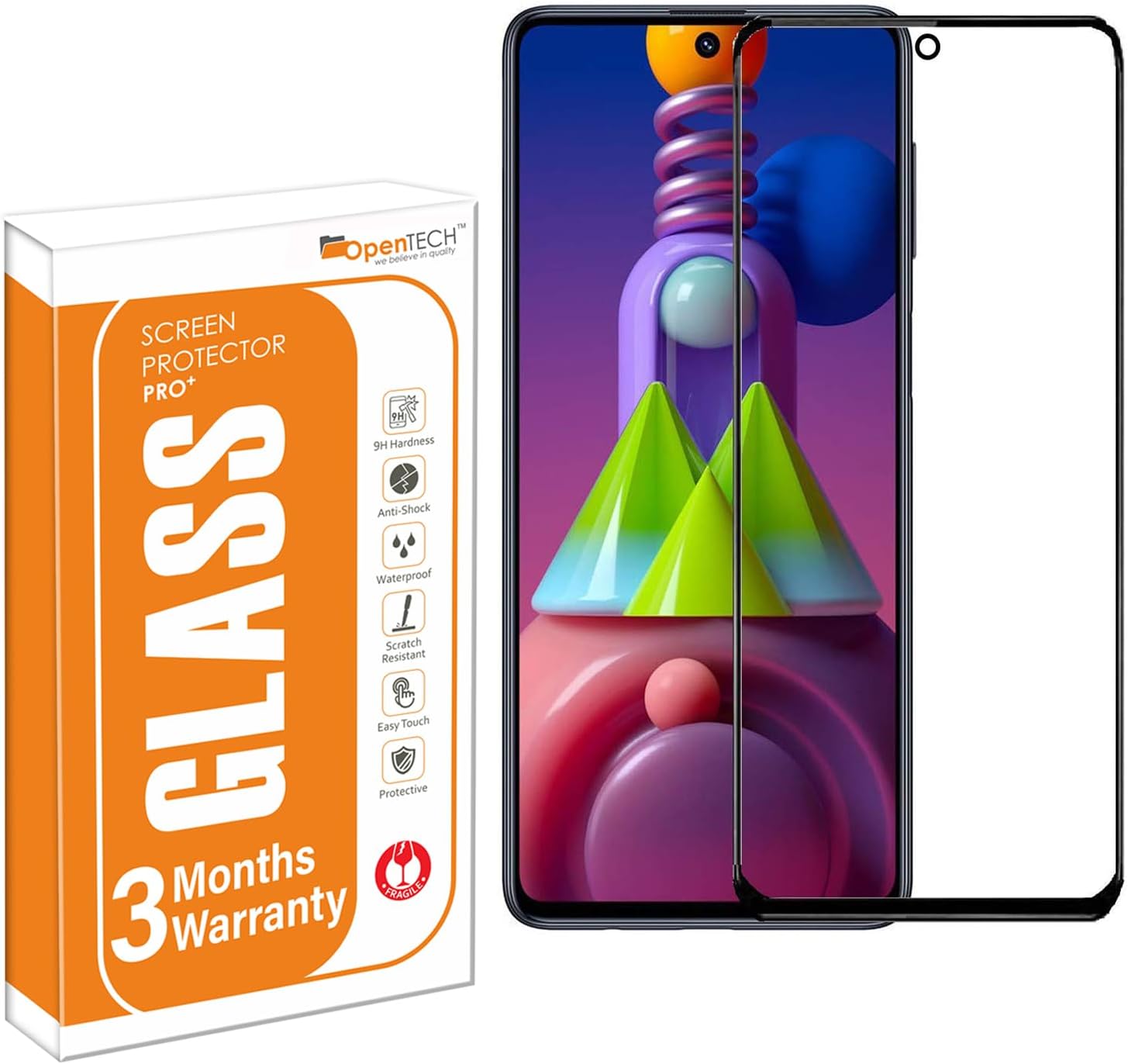 OpenTech® Military-Grade Tempered Glass Screen Protector Compatible for Samsung Galaxy M51 / M52 / M62 / F62 / A71 with Edge to Edge Coverage and Easy Installation kit