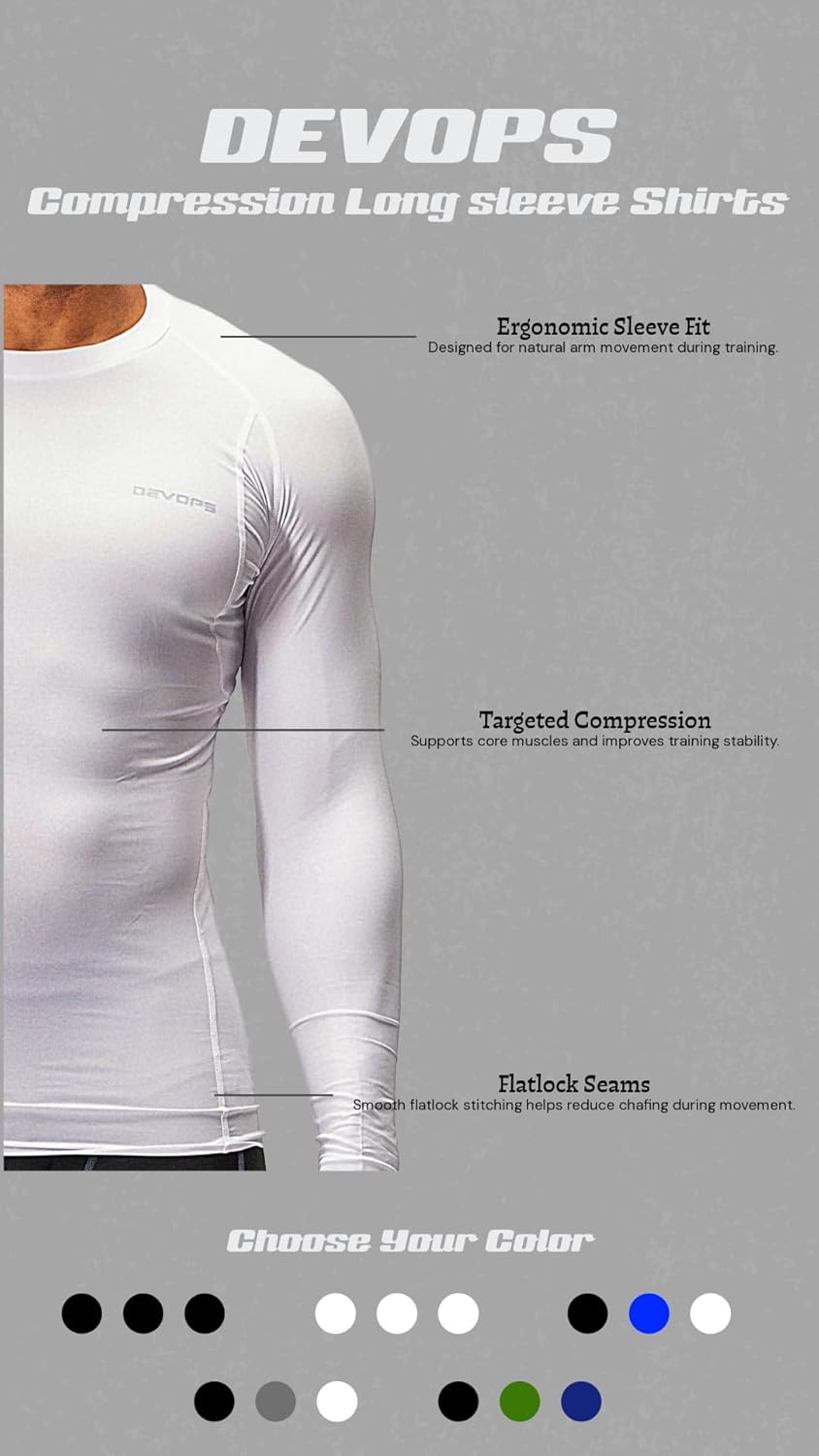 DEVOPS 3 Pack Men's UPF 50+ Long Sleeve Compression Baselayer Shirts Quick Dry, Cool Gear for Running Gym and Workouts