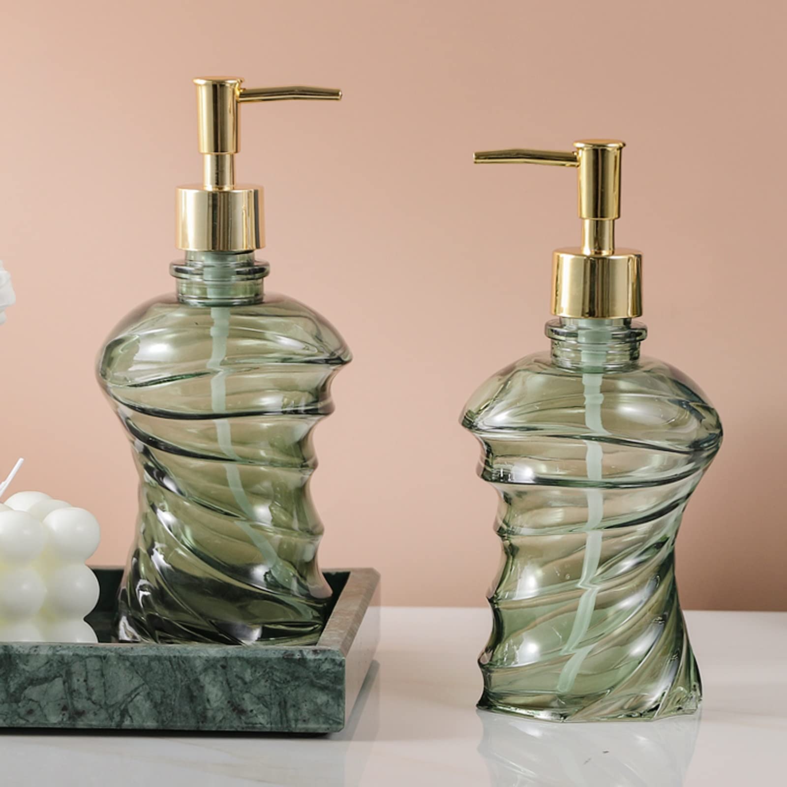 Dispenser di detersivo Liquido per Piatti, flacone in Vetro con Pompa, 390 ml, Contenitore Ricaricabile per Bagno, Lavanderia, Cucina e Piano di Lavoro.