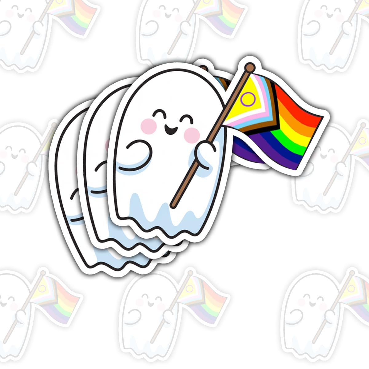 Photo 1 of (3 Pcs) Progress Flag Ghostie Sticker – LGBTQ+ Pride Ghost Vinyl Decal Waterproof for Laptop, Water Bottle, Tumbler, Car – Gift for LGBTQ+ Fans, Pride Enthusiasts – 3 Inch
