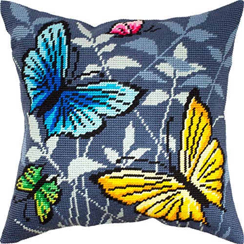 Image of Butterflies in The Night. Needlepoint Kit. Throw Pillow 16x16 Inches. Printed Tapestry Canvas, European Quality