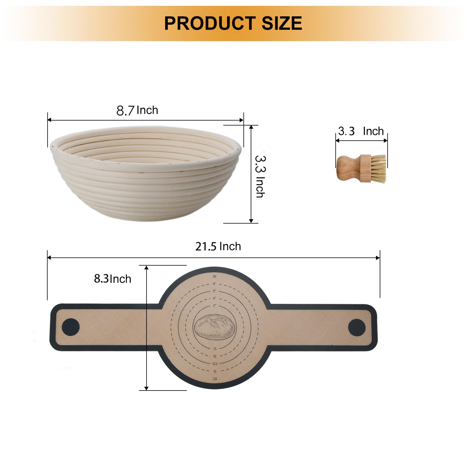 Brotgärkorb, 22,1 cm, runder Korb, Sauerteig-Starter-Set, 3-teiliges Set, Banneton Brotgärkörbchen für Zuhause, Hefebäcker, Backen (3-teiliges Paket, 22,1 cm)
