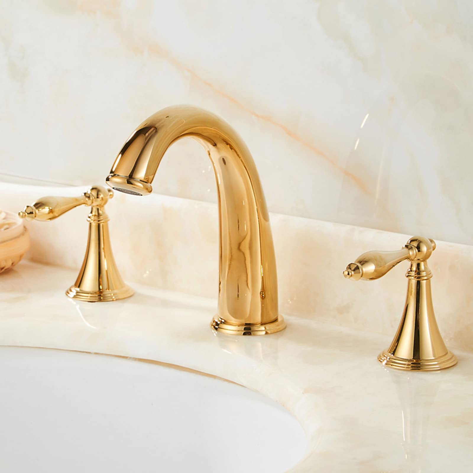 Mobyat A European Dual Lever Basin Mixer Taps Gold Hot Nd Cold Basin Taps Mixers Bathroom Sink Tap Multi-Function Three Hole Deck Mount Bathroom Taps,