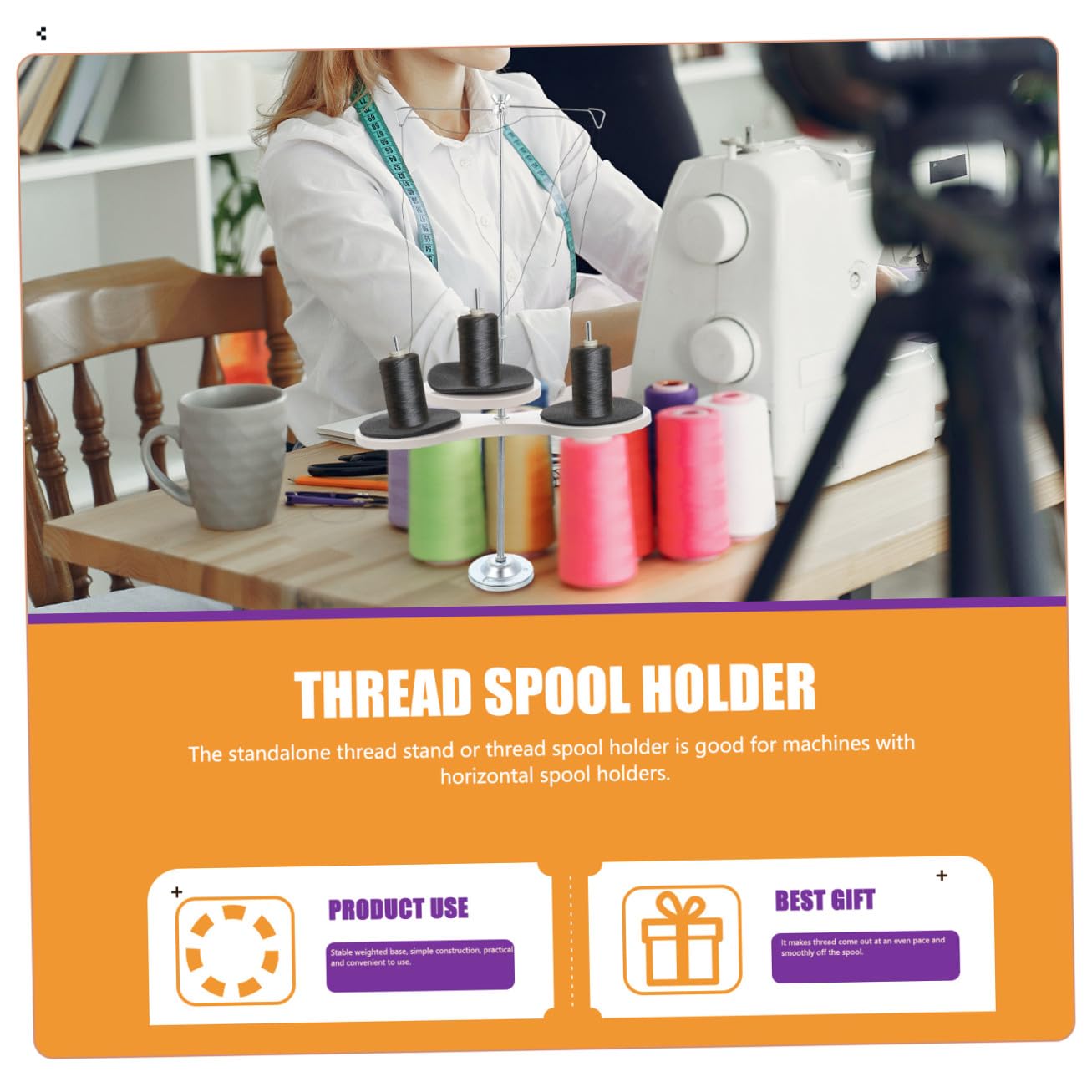Porte-Fil pour Machine à Coudre Réglable en Fer Base Lourde Stable, Support Triple Bobines Pratique pour Couture et Broderie en Atelier