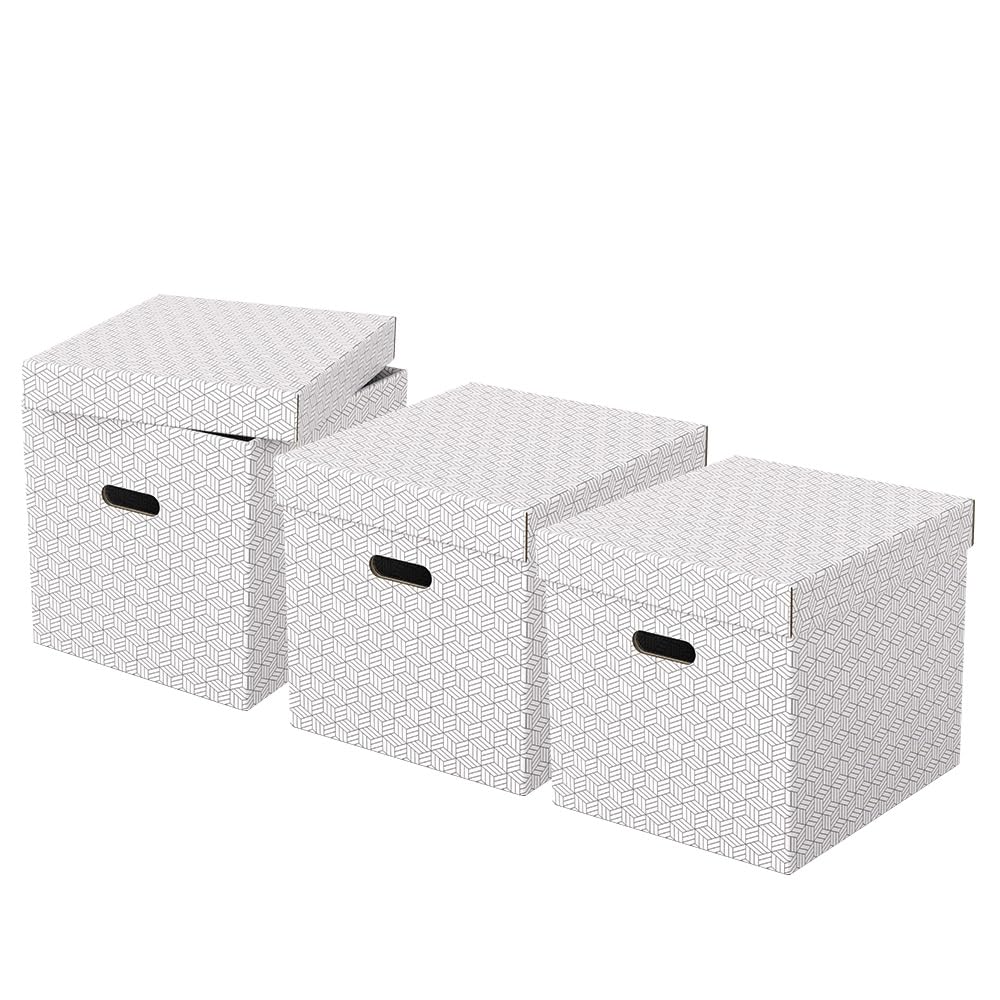 Esselte Set di 3 Contenitori Cubici Grandi con Coperchio in Cartone Riciclato e Riciclabile al 100%, Ottimali per lo Stoccaggio e l'Archiviazione, Design Geometrico, 320 mm x 315 mm x 365 mm, Bianco