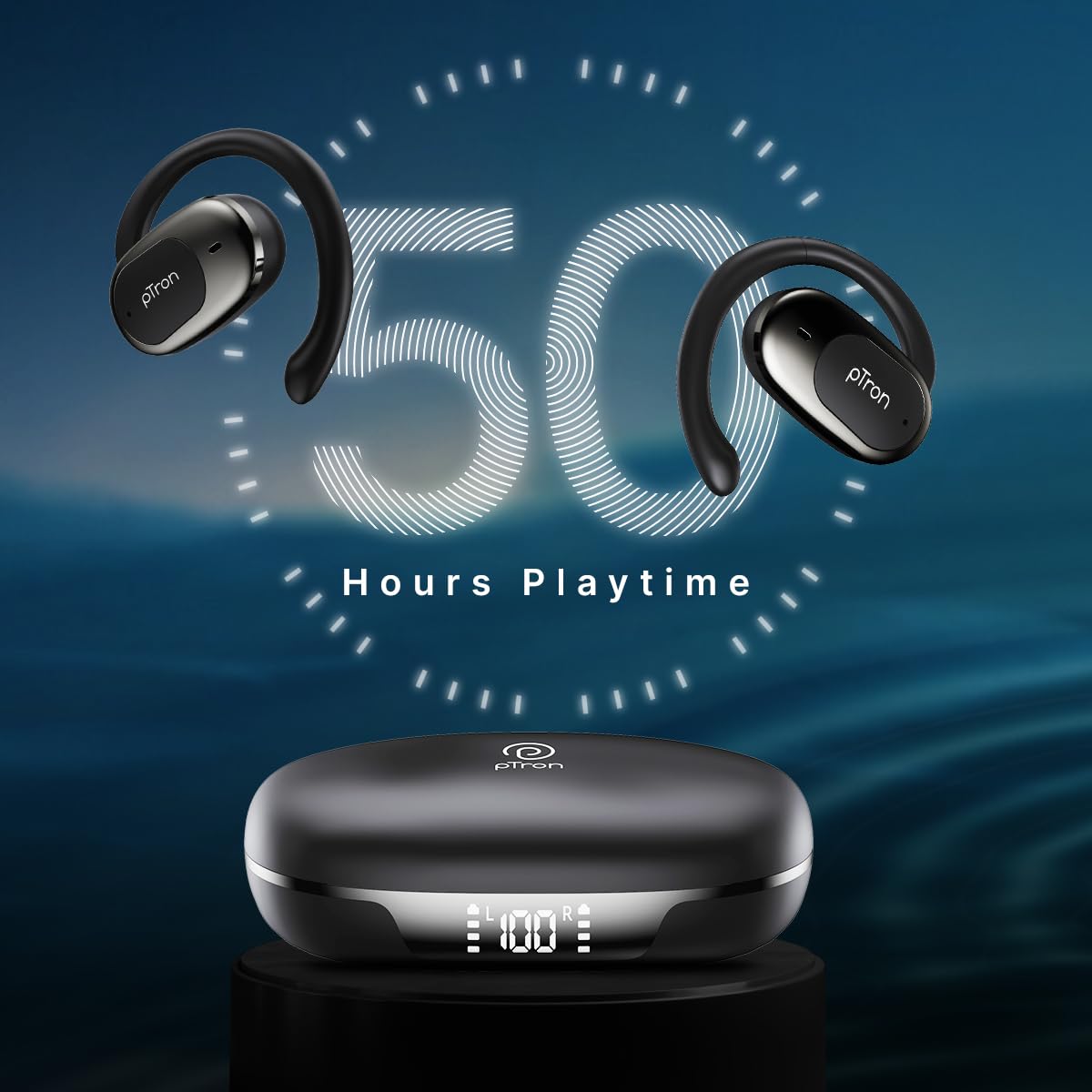 pTron Bassbuds Senz earbuds and charging case, illustrating 50 hours combined playtime