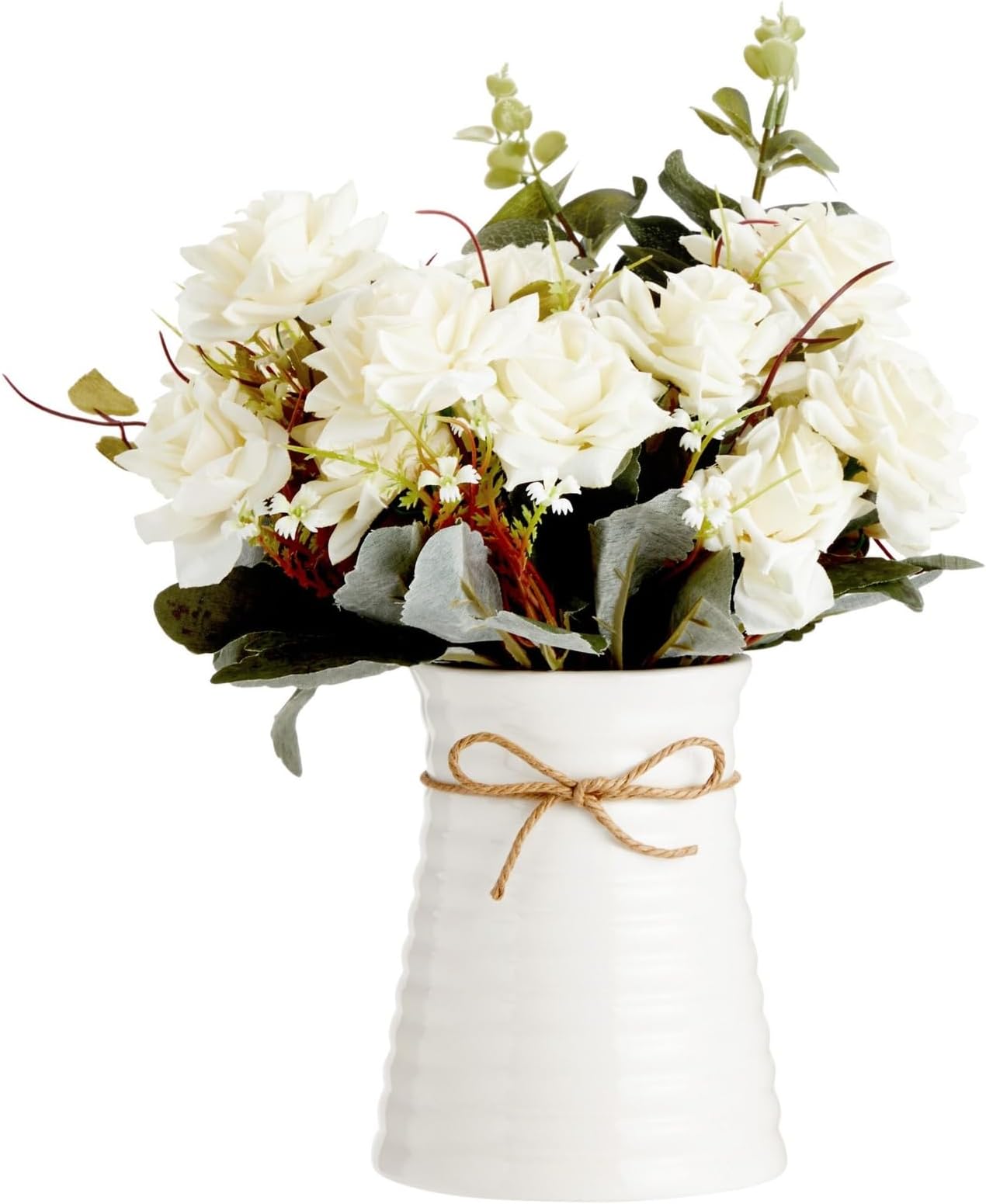 Artificial Flowers with Ceramic Vase, White Roses (4 Pieces)