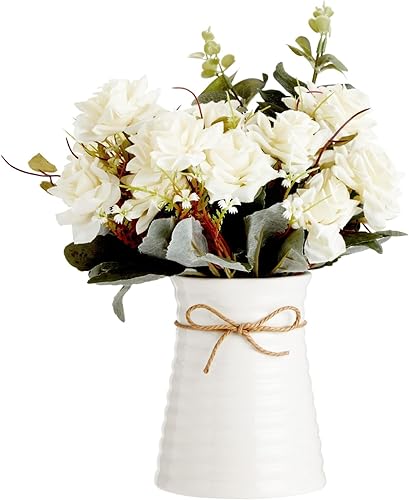 Farmlyn Creek Jarrón de cerámica blanca, centros de mesa para mesas, decoración de baño de granja, arreglo floral de campo, 6.3 pulgadas de