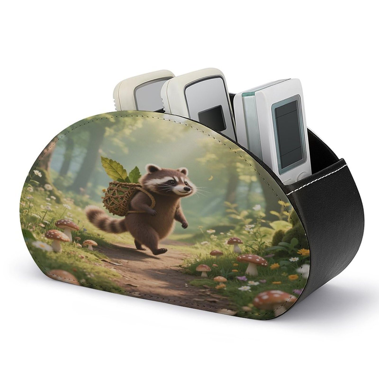 VstaDank Forest Raccoon Remote Control Holder PU Leather Multifunctional Office Makeup Organizer Brush Holder Desktop Storage with 5 Compartments