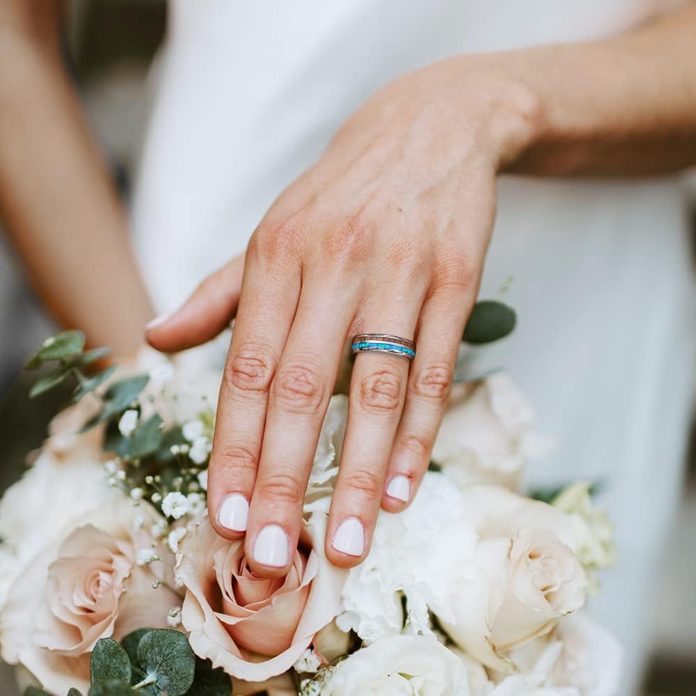 TUNGSTORY Mens Tungsten Wedding Bands - 8mm Created Blue Opal/Fire Opal Rings Hawaiian Koa Wood Inlay Ring Dome Style Comfort Fit Size 5-15 - Image 4