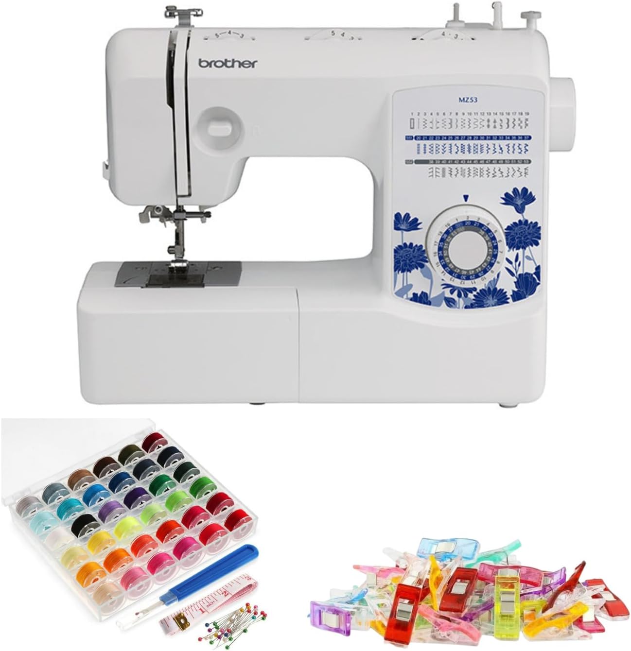 Brother MZ53 Mechanical Sewing Machine Certified Refurbished+Sewing Clips with Box 100 pc+36 Pc Bobbins & Sewing Thread (Renewed) (3 Items)