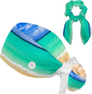 FVQL 2 Pieces Surgical Cap for Long Hair Scrub Cap with Hairband Nurse Cap, Summer Pattern Beach and Welcome