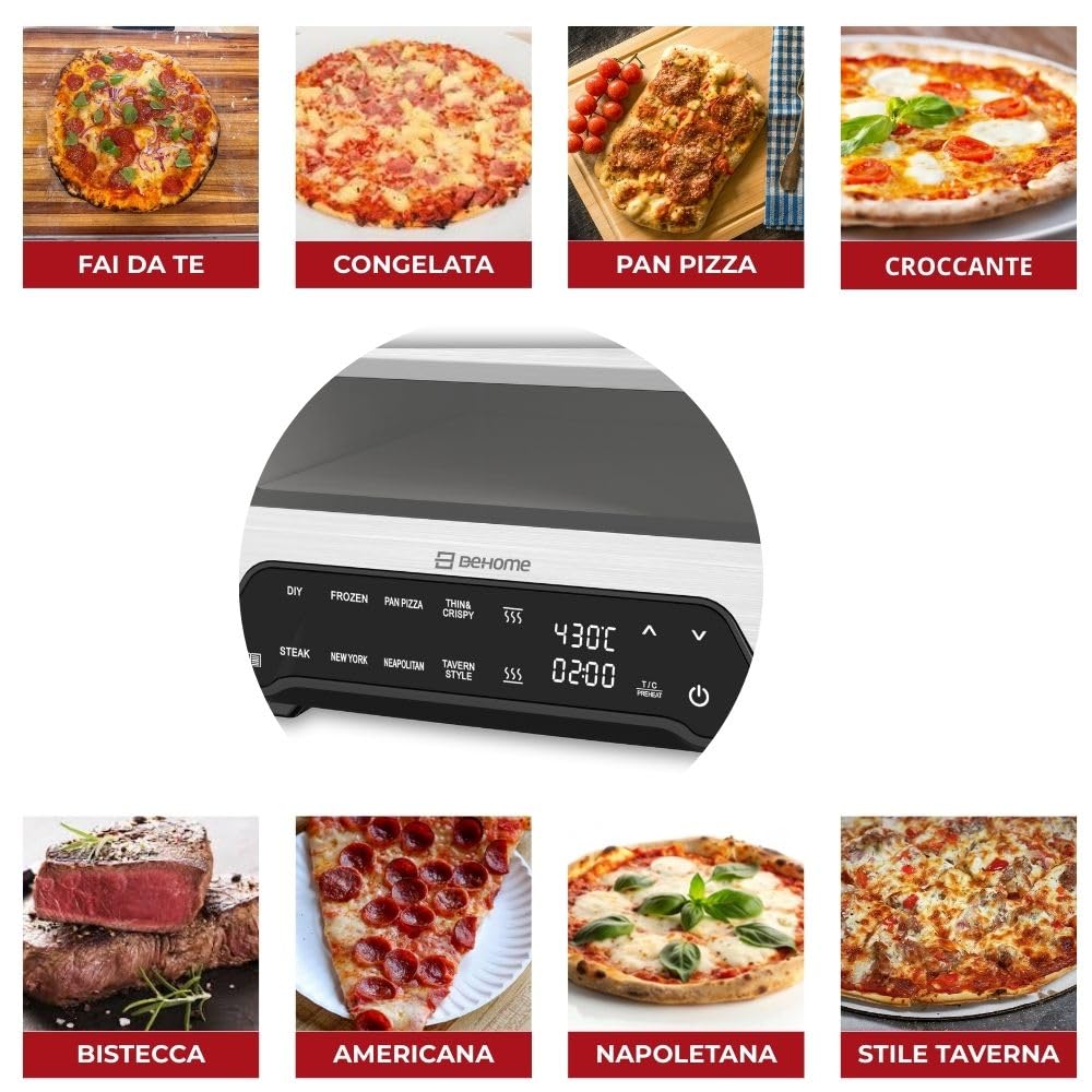 BEHOME Forno Pizza Elettrico, 430°C, Cuoce in 2 min, Pala e Pietra Refrattaria incluse, 8 Programmi di Cottura già impostati, Schermo Touch, per Pizza Napoletana, romana, americana