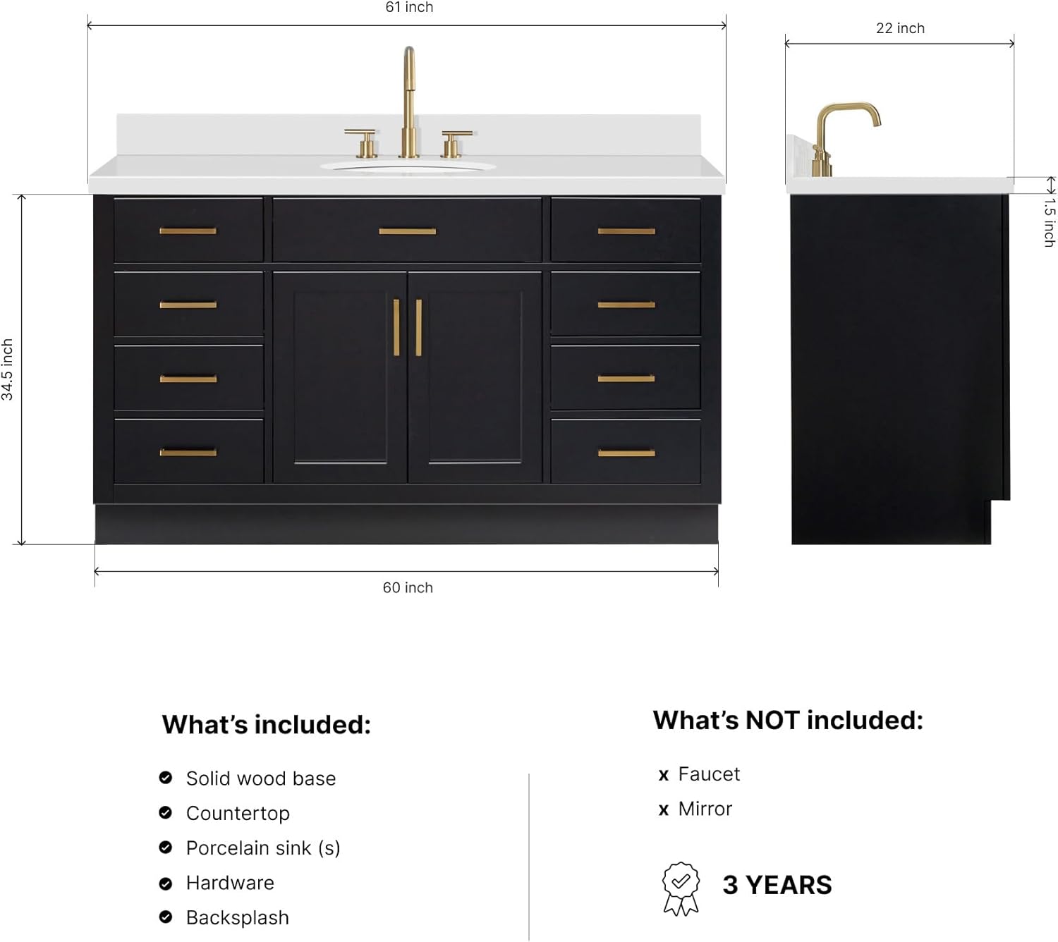 ARIEL Hepburn 60-inch Bathroom Vanity with Sink,Solid Wood, 1.5-inch Pure White Quartz Countertop & Backsplash, Single Oval Porcelain Sink, 2 Soft Closing Doors, 9 Dovetail Drawers, Black