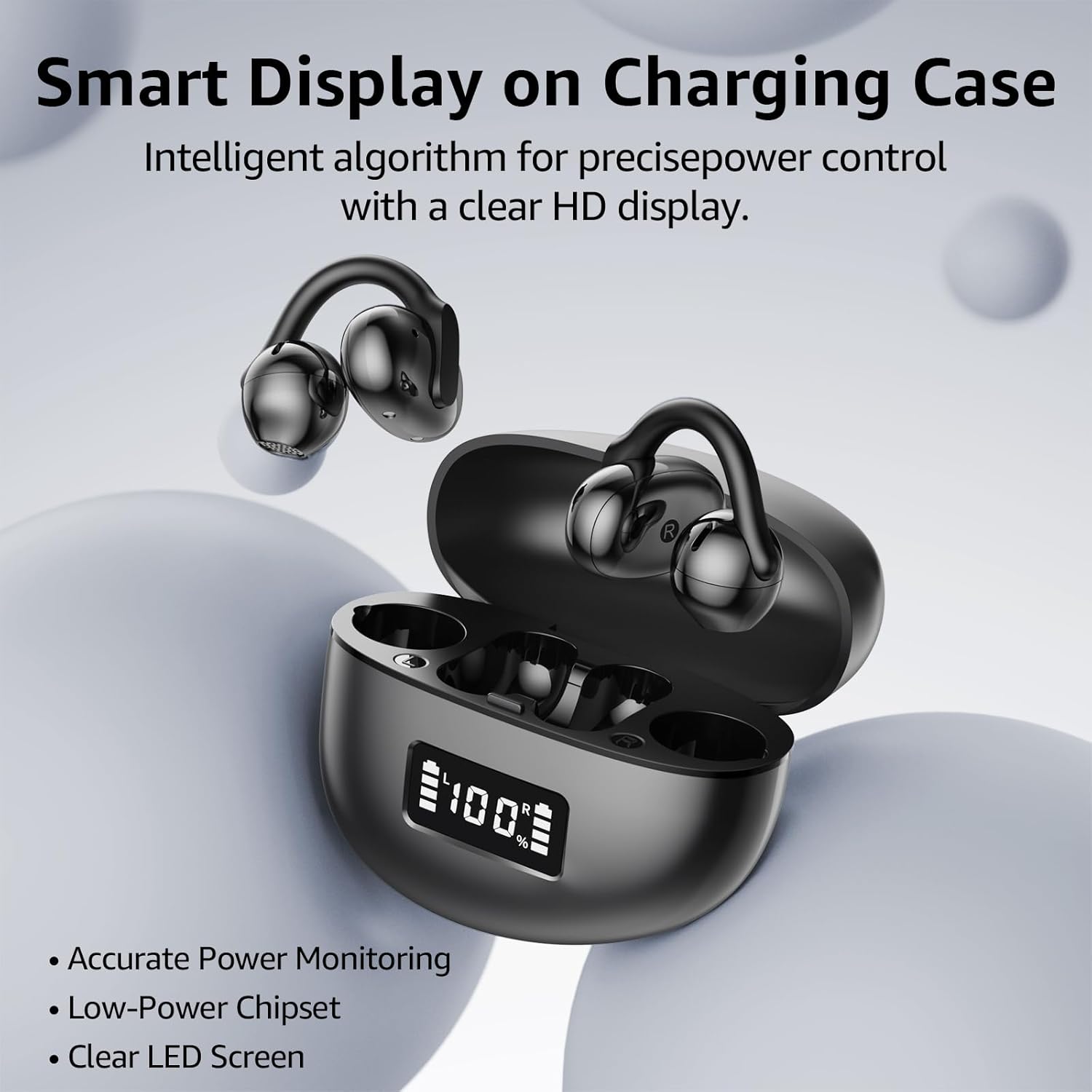 1Mii AI Open Ear Earbuds, Lightweight Clip-On Wireless Earbuds, Open Ear Bluetooth 6.0 Headphones with Display Design, AI Translation Voice Chat Custom EQ via App, for Sports, Running, Workout, Black