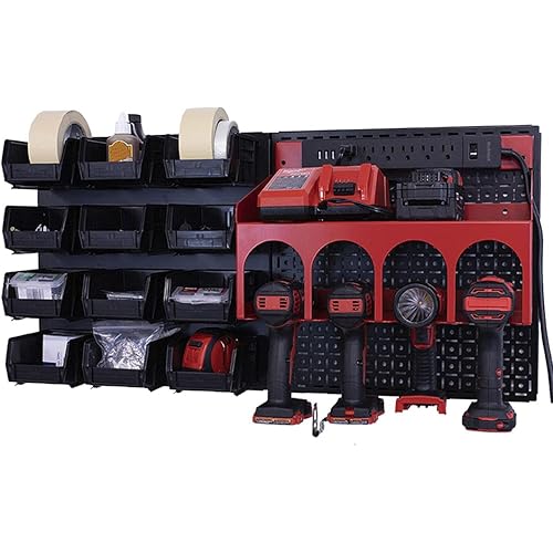 PowerStation- 32"x16" Metal Pegboard Wall Storage With Bin Storage For Cordless Drills Black/Red