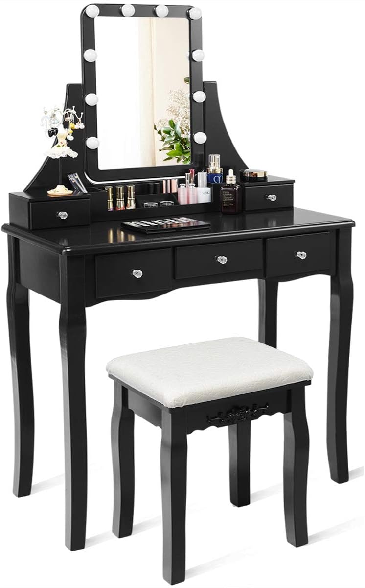 CHARMAID Vanity Set with Lighted Mirror, 10 Dimmable Light Bulbs Vanity Dressing Table, 5 Drawer with 2 Dividers Removable Organizer, Makeup Table and Cushioned Stool Set with 10 LED Bulbs (Black)