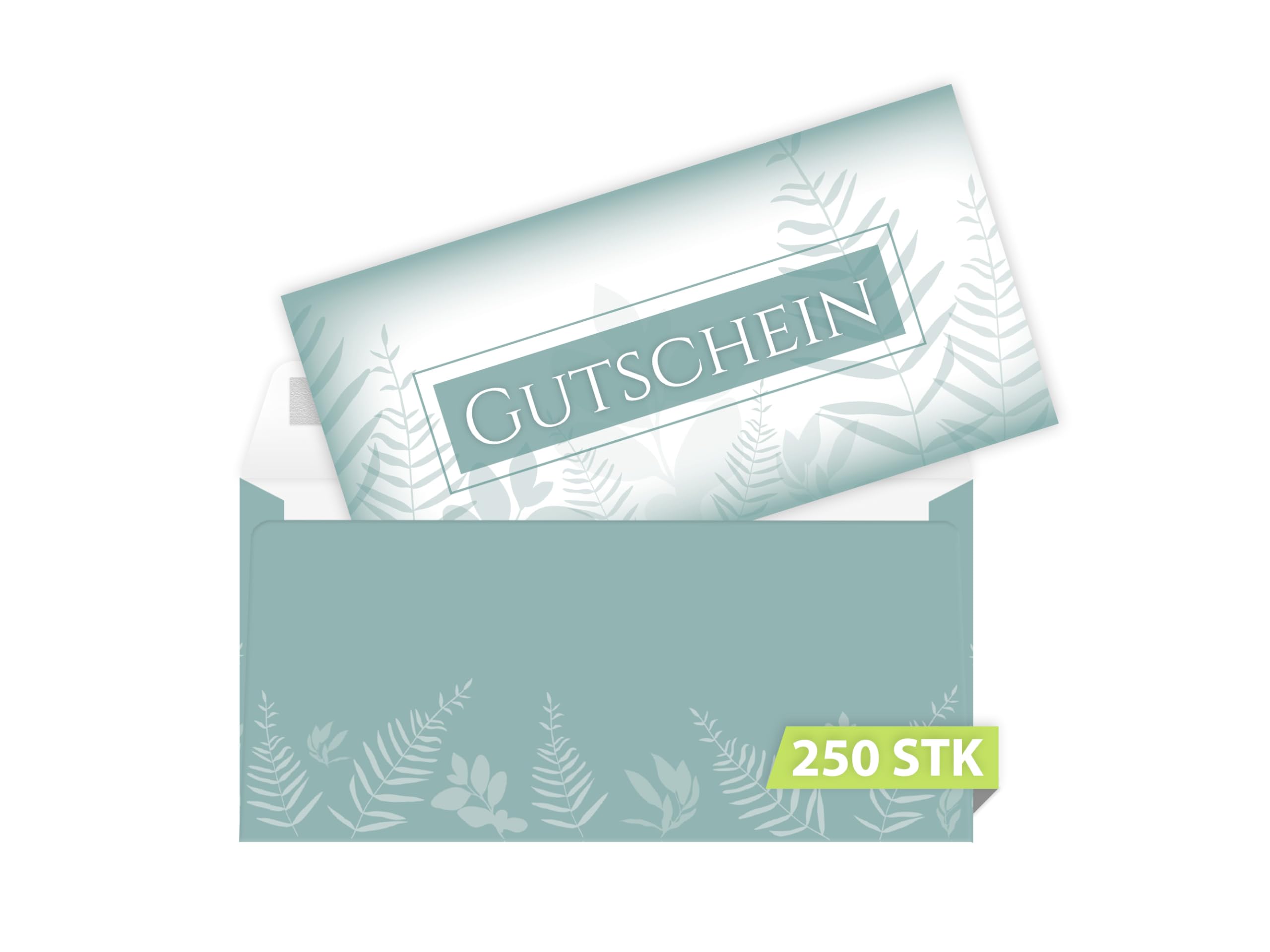 250 Gutscheine DIN lang (21x10,5 cm)+ 250 Kuverts DIN lang (22x11 cm) Natur Grün Eukalyptus Blättern Gutscheine zum Ausfüllen Gutschein Geschenk Karte für Massage Wellness Kosmetik Nagelstudio Beauty