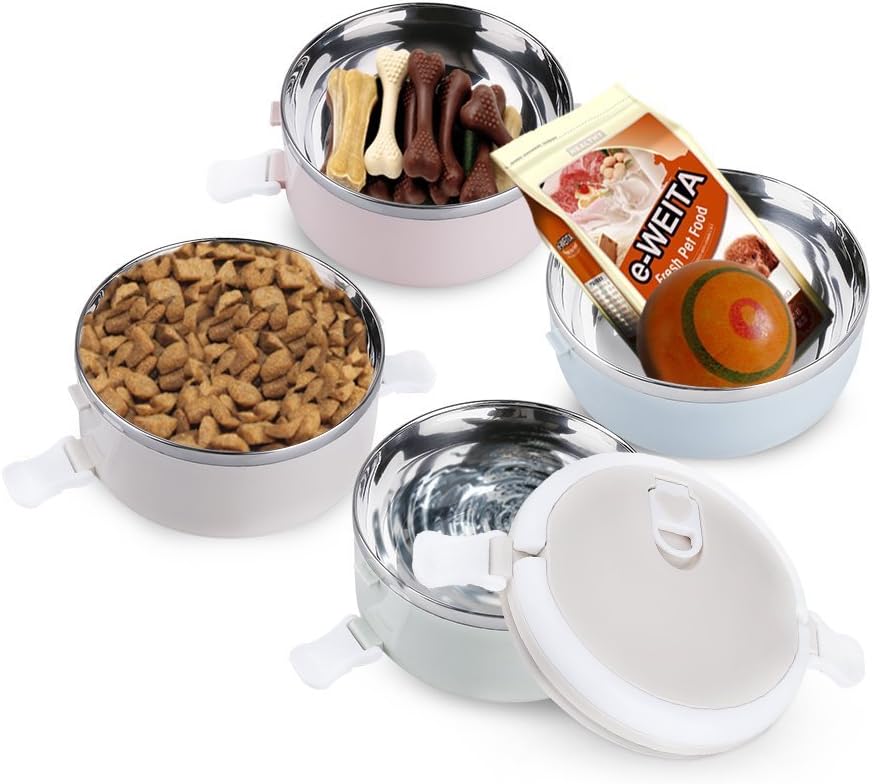 Spill Proof Dog Cat Travel Bowl Portable 304 Stainless Steel Multiple Layers Pet Water Food Storage Container with Invisible Handle for Pet Outdoor Traveling Raised Feeding (4 Layer) : Pet Supplies