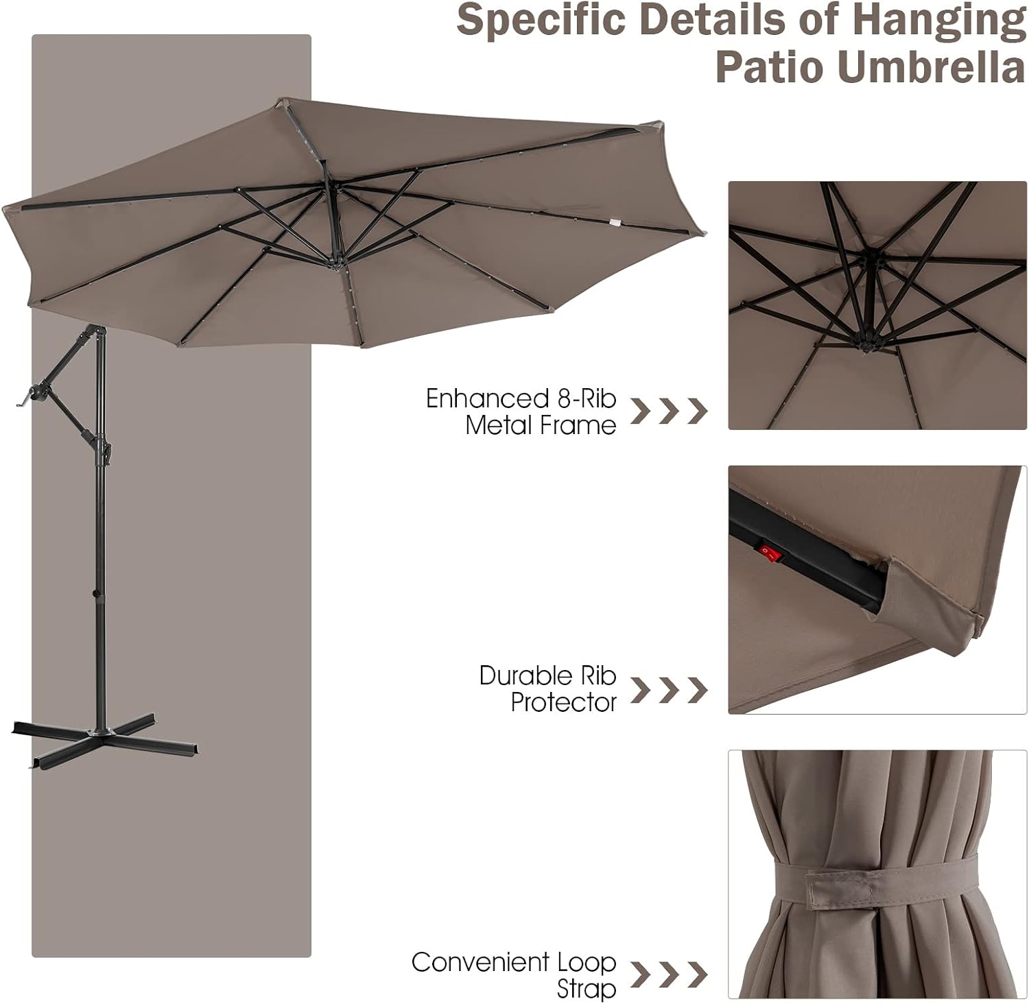 Giantex Patio Umbrella 10 Ft, Pool Umbrellas with 32 LED Lights Solar Powered Offset Umbrella, 8 Ribs Cantilever Umbrella with Tilting Adjustment, Heavy-Duty Outdoor Umbrellas