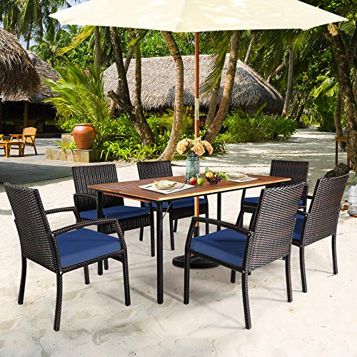 Happygrill 7 Pieces Patio Dining Set Outdoor Furniture Rattan Wicker Dining Set With Umbrella Hole, Powder Coated Steel Frame, Acacia Wood Dining Table And Armchairs With Removable Cushions #TOP2
