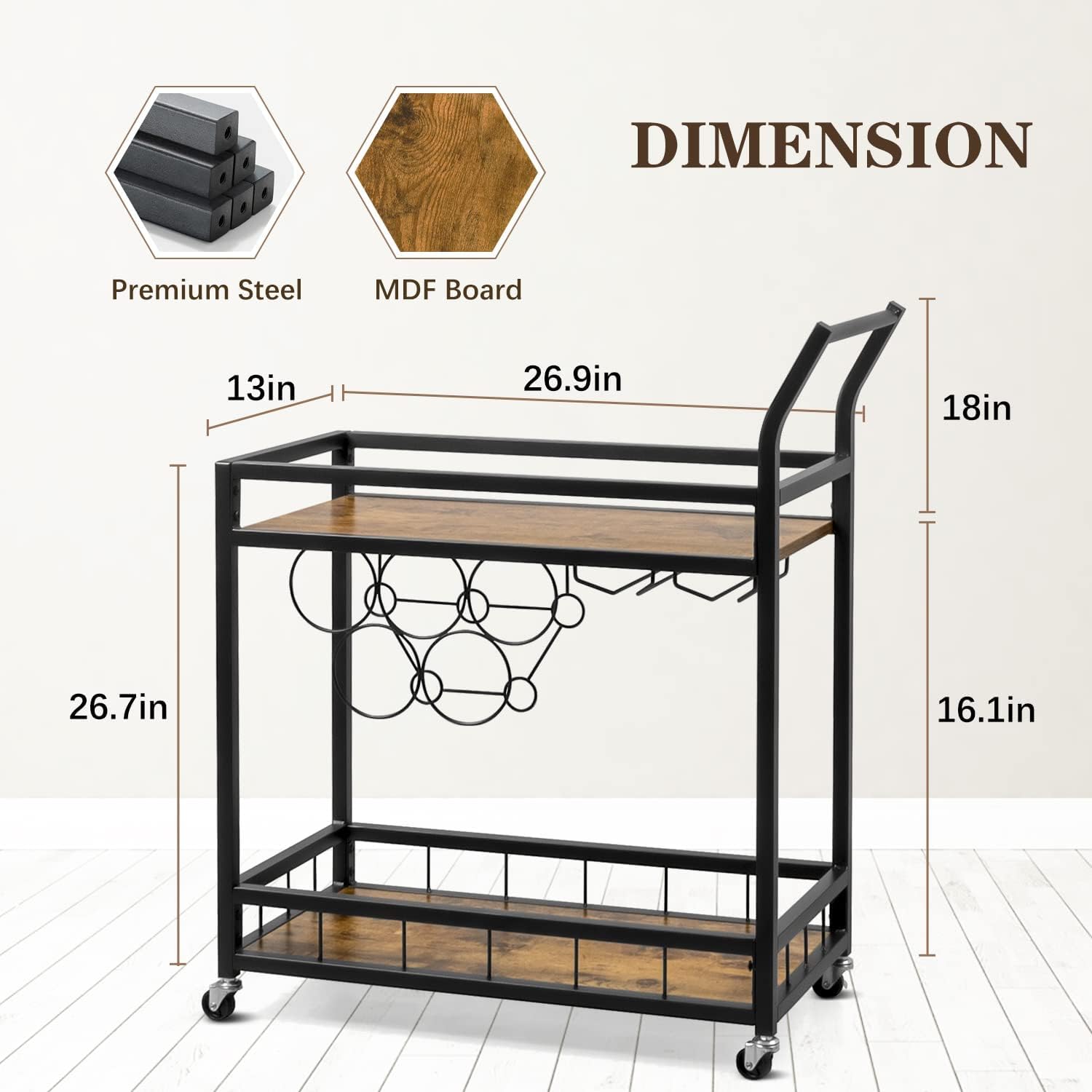 JUMMICO Bar Cart Industrial Home Mobile Wine Cart Serving Bar Cart on Wheels with Storage Shelves Wine Rack and Glass Holder for Living Room, Kitchen, Corridor, Hallway,Black - Bar & Serving Carts