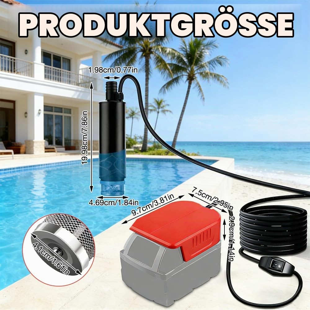 Akku Wasserpumpe, Mini Tauchpumpe, Wasserpumpe Klein für Milwaukee 18V Akkus, Pumpe Wasser für Keller, Pool, Gartenbewässerung, Autowäsche (KEIN Akku)