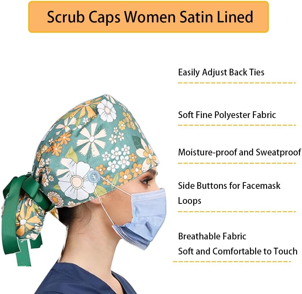 8Pcs Satin Lined Scrub Caps Women, Surgical Caps for Women, Adjustable Scrub Hats Womens Ponytail with Button and Sweatband, Nurse Cap for Unisex, Working Cap, Elastic Ponytail Pouch Tie Back - Image 2