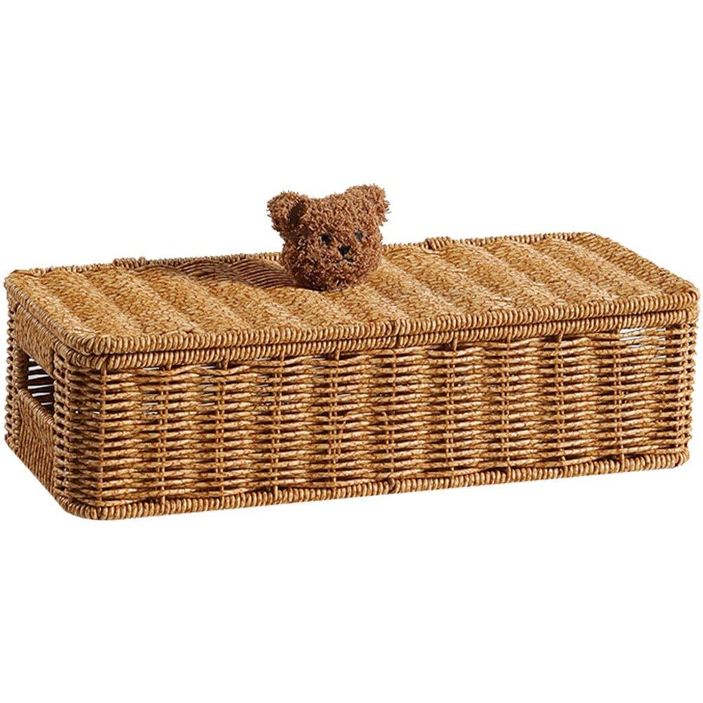 Sanfly Rattan Storage Basket with Lid Rectangular Organization Wicker Shelf Baskets Vintage Storage Basket Bin Desktop Container for Bedroom Home