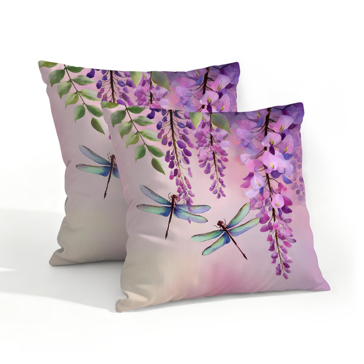 Outdoor Pillow Covers Waterproof Pillowcases 18x18in Set of 2 Purple Wisteria Floral Vines Dragonfly Decorative Throw Cushion Case for Couch Sofa Garden Patio Furniture