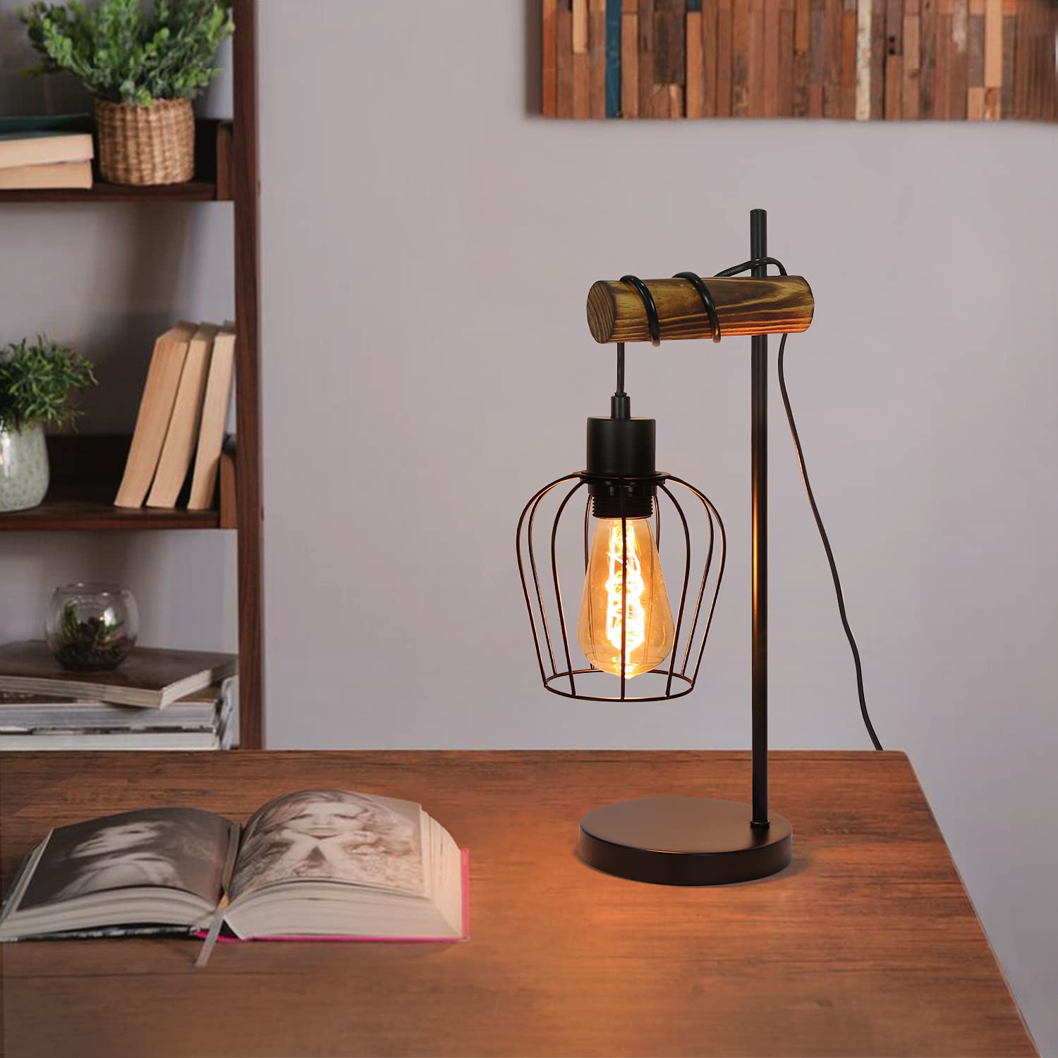 ZMH Tischlampe Vintage Tischleuchte Wohnzimmer Holz: E27 Nachttischlampe Schlafzimmer im Industrial Design aus Metall Schwarz Bettlampe mit 180cm Kabel Dekorativ für Cafe Hotel - ohne Leuchtmittel