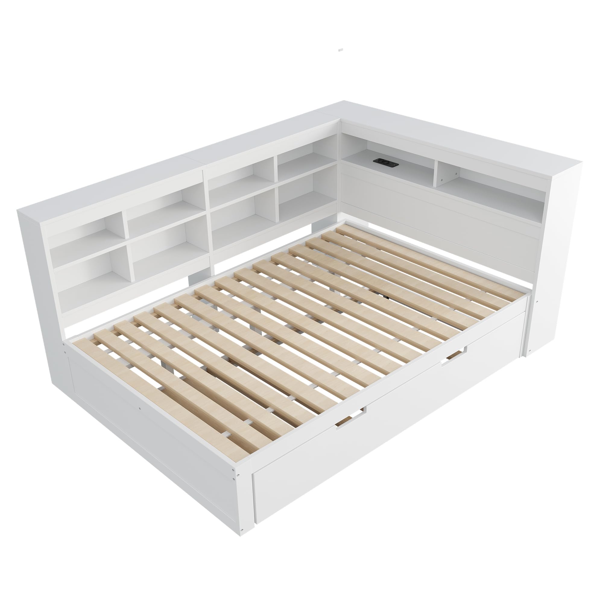 Merax Kinderbett 140 x 200 cm mit USB-Buchse, Jugendbett mit Ausziehbarem Bett 90x190 cm und Stauraum, für Kinder & Jugend, Massivholz, Weiß (Ohne Matratze)