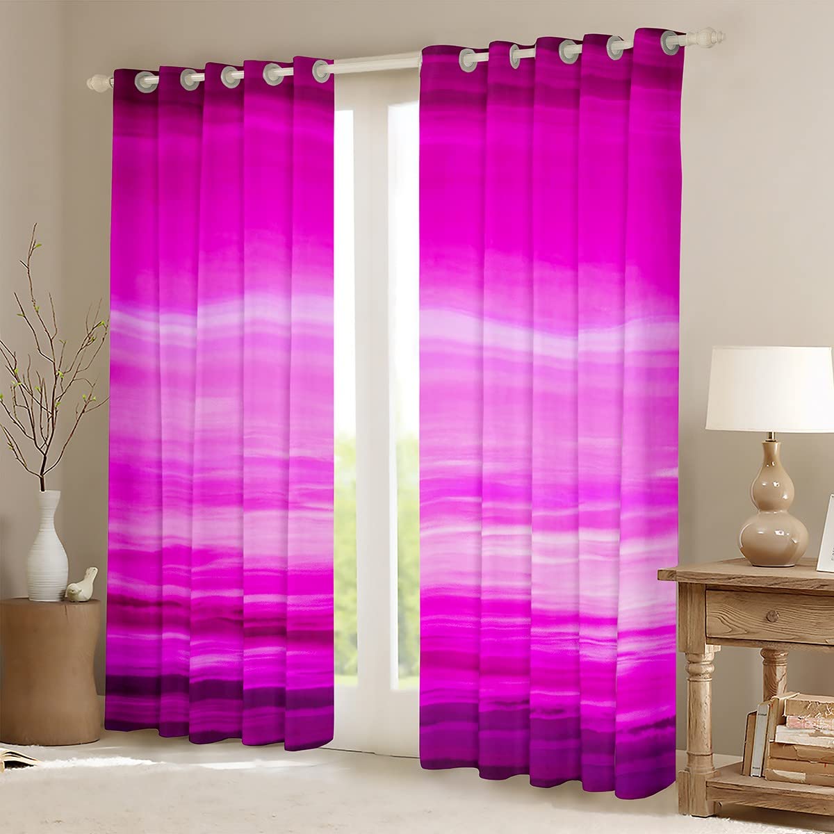 Loussiesd Purple Darkening Window Drapes Gradient Purple White Curtain Modern Blackout Curtainsfor Bedroom Minimalist Lines Window Treatments W66*L90 - Image 2
