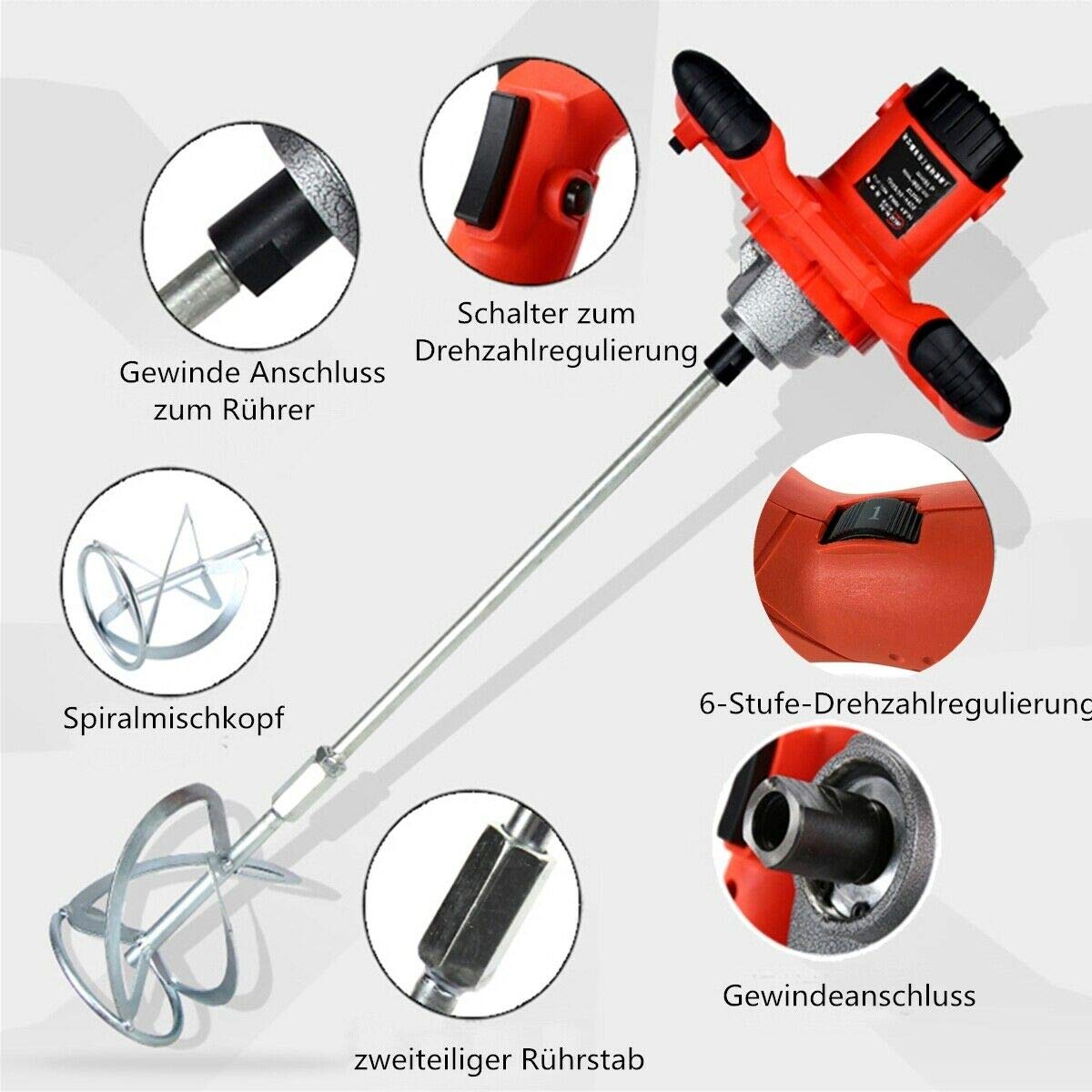 2100W Rührwerk Mörtelrührer 220V, 800R/min 6 Stufen Handrührgeräte Mischer Rührer Rührgerät Mörtelrührer Betonrührer Mörtel Betonrührer, Rot