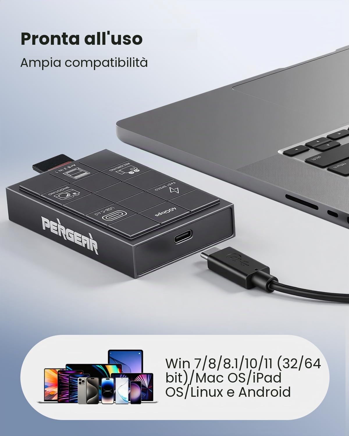 PERGEAR Lettore di schede professionale CFexpress 4.0 tipo A, USB tipo C 40 Gbps tipo C su CFexpress tipo A+B 2 in 1, trasmissione ad alta velocità per Windows/Mac/Linux/Android/iPad