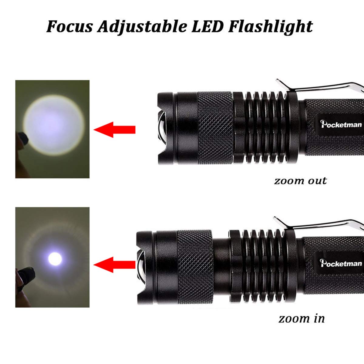 POCKETMAN Mini linterna 7W 300 lúmenes portátil Mini Q5 lámpara táctica LED linterna foco ajustable luz con zoom para regalo, senderismo, camping y corte de energía