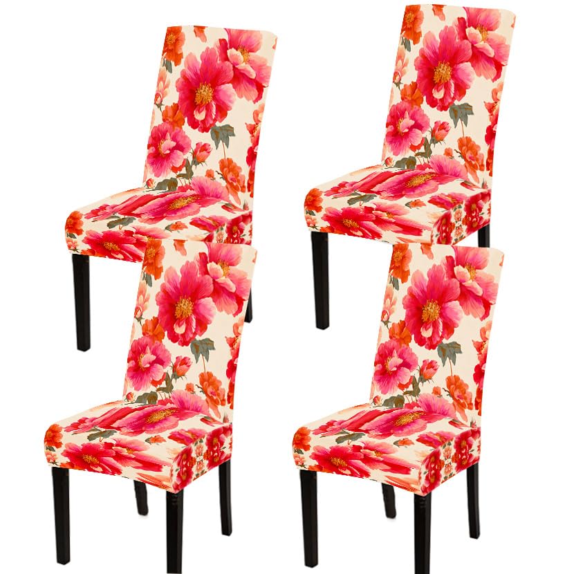 Image of Pink Peony Dining Chair Covers Set of 4, Floral Slipcovers
