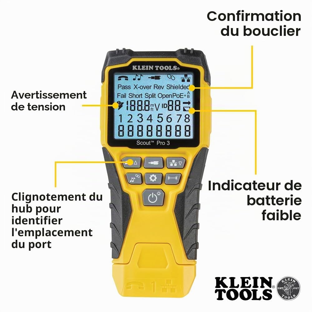 Klein Tools Scout® Pro 3 VDV501-851E Kit de testeur de câble Ethernet avec identification à distance pour RJ45, RJ11, coaxial, avec adaptateur de câble et 5 unités à distance, test réseau et
