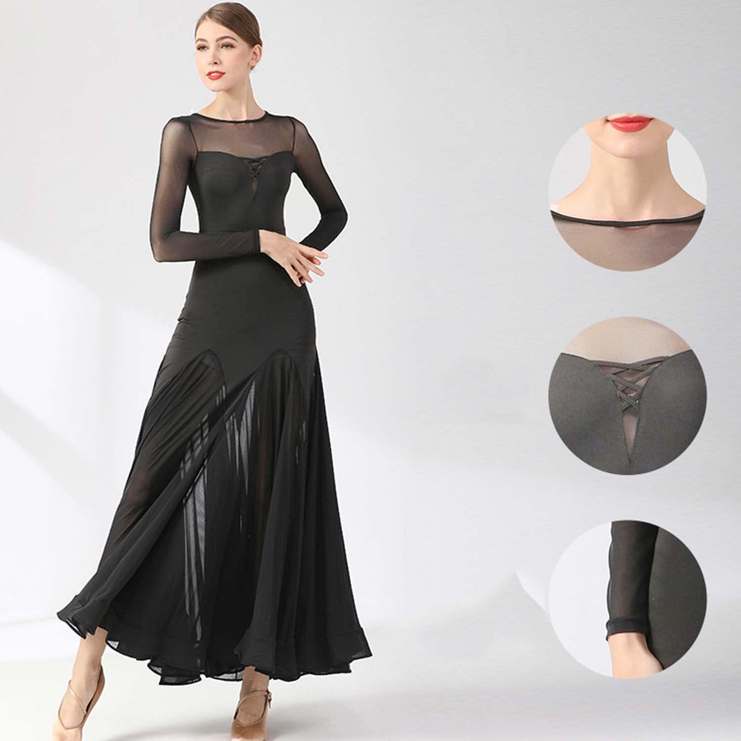Abiti da Ballo per Allenamento di Valzer da Donna Maniche Lunghe con Rete Abiti da Ballo da Sala Gonna A Trapezio per Danza Moderna Costumi per Spettacoli di Banchetti